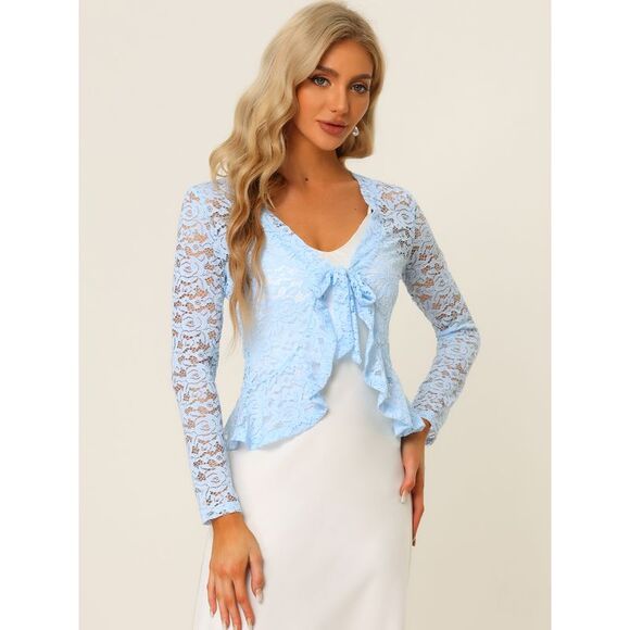 Floral Lace Shrug Tie Front Ruffled Hem Sheer Crop Bolero Cardigan Light Blue - Picture 4 of 6